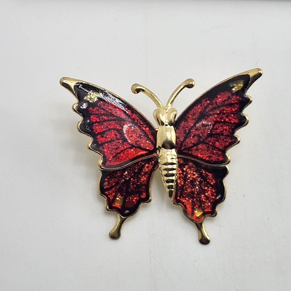Vintage Glittery Gold Tone Red & Black Butterfly Brooch